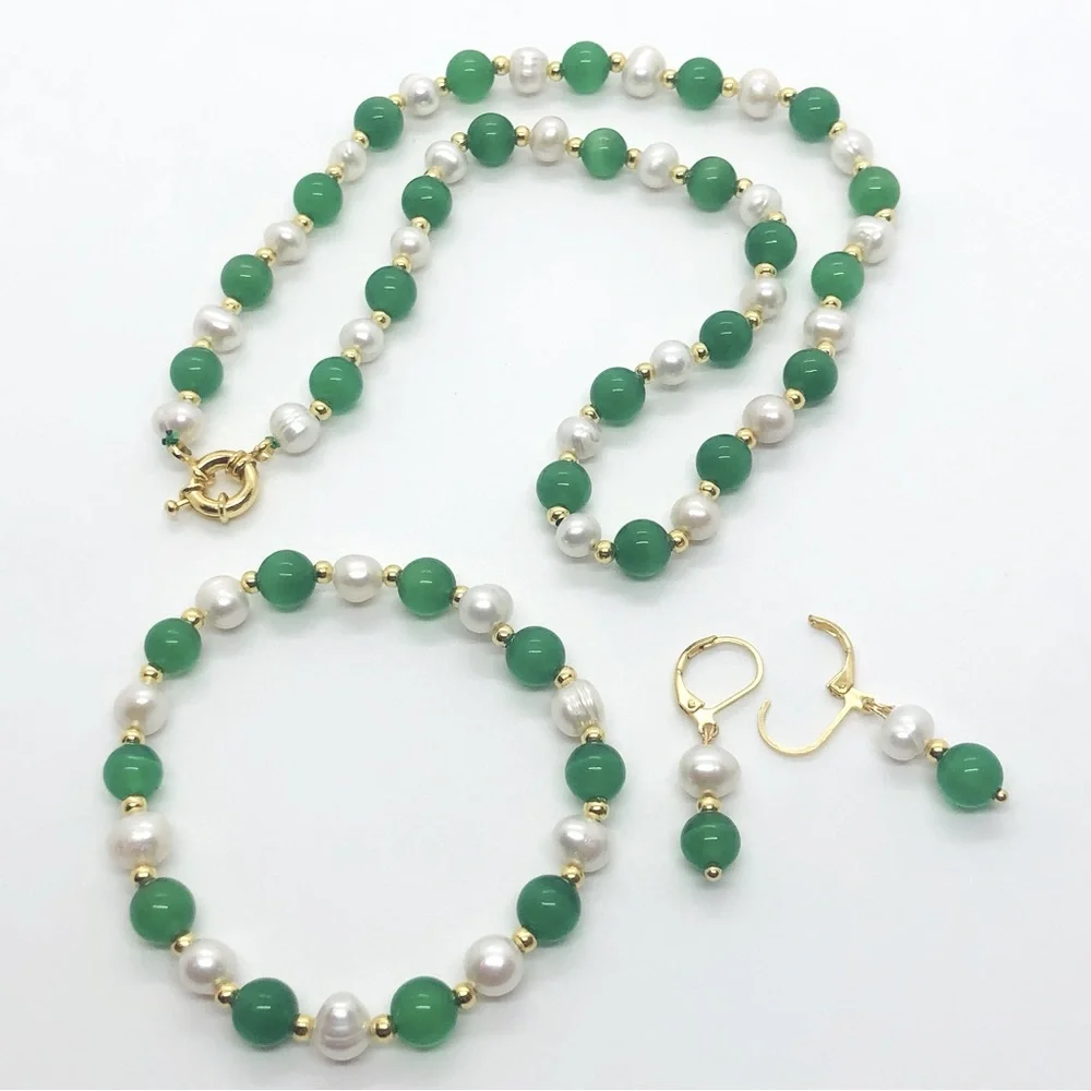 7-8mm Freshwater Pearl & Green Jade Beads Necklace Bracelet & Earrings Set - Picture 3 of 3